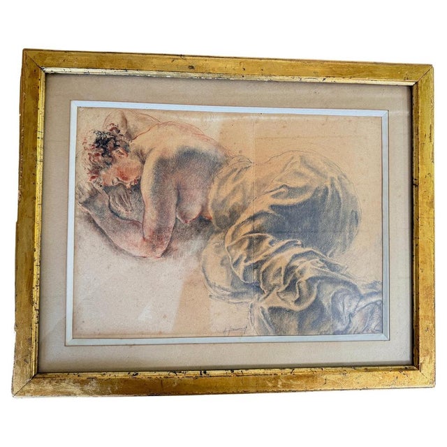 French Artist, Woman on a Bed, 19th Century, Drawing on Paper, Framed For Sale - Image 14 of 14