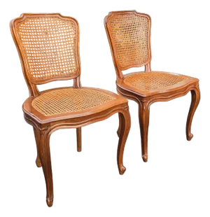Pair of Italian Louis XV Style Double Cane Back Walnut Dining Chairs With Hand Caning, Made in Italy, Mid-Century