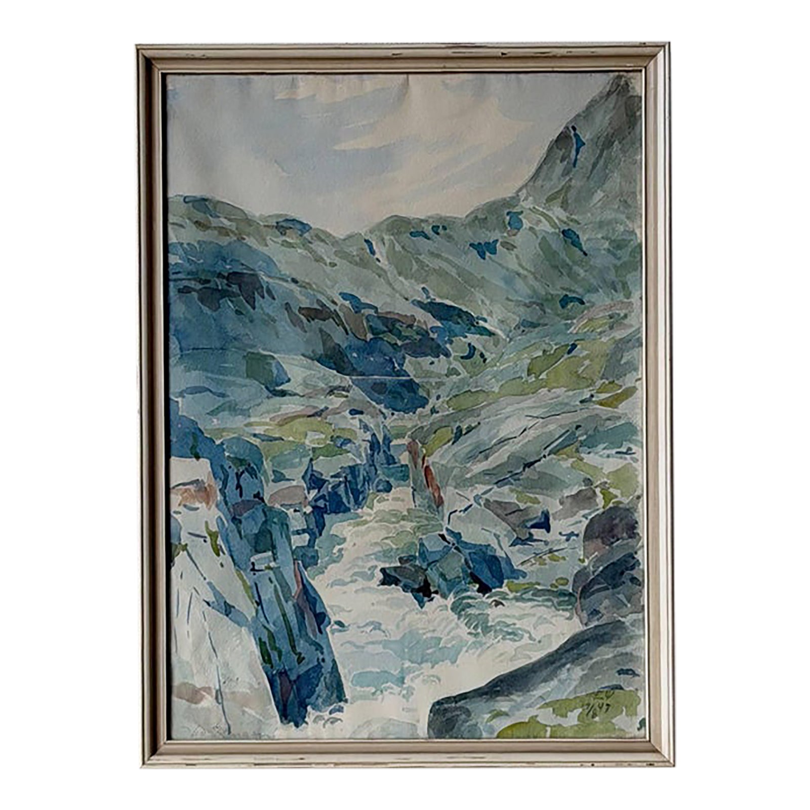 Rocky Mountain River Landscape Watercolor Painting Vintage Mid-Century ...