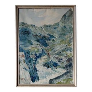 Rocky Mountain River Landscape Watercolor Painting Vintage Mid-Century 1940s For Sale