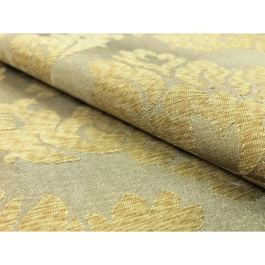 56" wide floral damask upholstery drapery fabric in old gold. Price is per yard. Pattern Repeat: 7 1/8" H x 9 1/2" V
