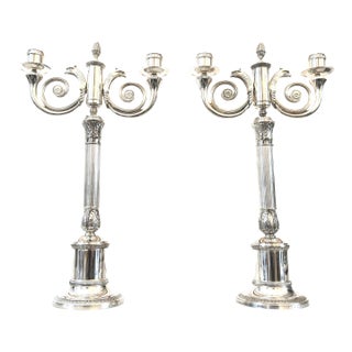 A Pair of Christofle Malmaison Silver-Plated Candelabra for Two Candles For Sale