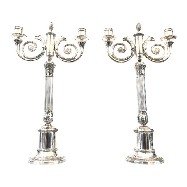 A Pair of Christofle Malmaison Silver-Plated Candelabra for Two Candles For Sale