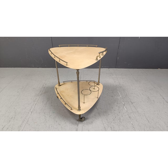 Hollywood Regency Italian Lacquered Goatskin / Parchment Serving Bar Cart attributed to Aldo Tura, 1960s For Sale - Image 3 of 10