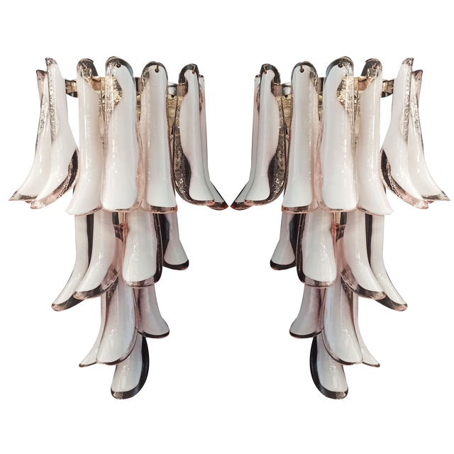 Vintage Italian Murano Wall Lights with Pink and Lattimo Glass Petals, 1990, Set of 2 For Sale