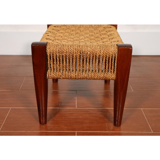 Vintage Danish Style Woven Wood Peg Foot Stool 50's 60's Retro Mid Century Modern Eclectic Boho Bamboo Basket Weave Paper Cord For Sale - Image 4 of 7