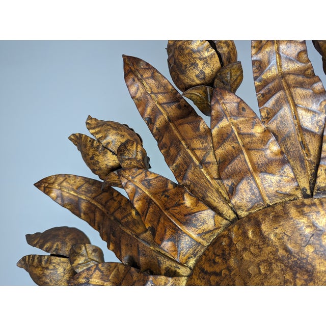 Large Mid-Century Gilt Metal Sunburst Ceiling Lamp with Floral Motif, 1950s For Sale - Image 9 of 14