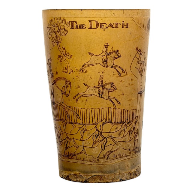 Rare Georgian Hand-Engraved Sporting Cow Horn Beaker "The Death" of the Fox Hunt For Sale