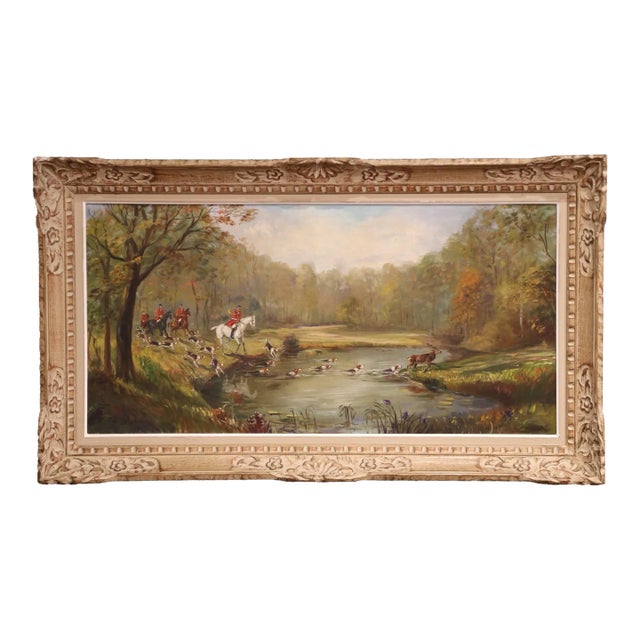 Early 20th Century Mid-Century French Stag Hunt Oil Painting in Carved Frame Signed M. Pol For Sale