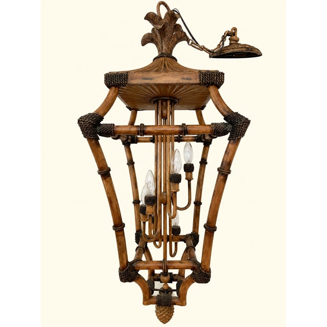 Mid 20th Century Vintage Mid-Century Faux Bamboo & Rattan Pagoda Hanging Lantern Pendant Chandelier For Sale - Image 5 of 8