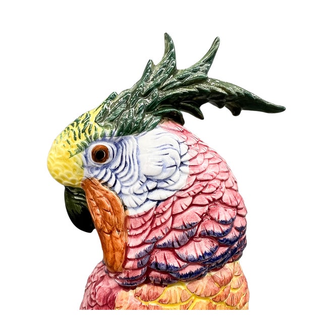 Late 20th Century Pair of Italian Chelsea House Vintage Hand-Painted Ceramic Cockatoo Parrot Figures – Hollywood Regency / Tropical Revival For Sale - Image 5 of 12