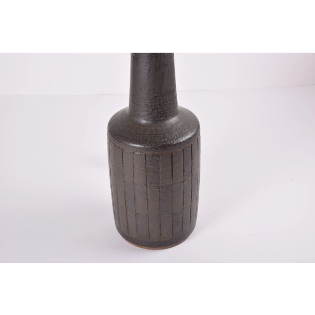 Textile Mid-Century Danish Ceramic Table Lamp in Dark Brown Green Glaze with Shade from Palshus, 1960s For Sale - Image 7 of 11