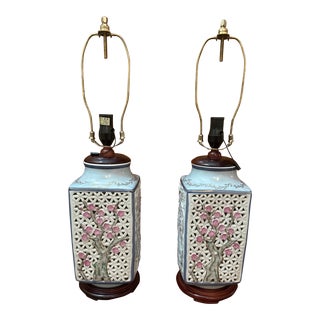 Late 20th Century Makita Japanese Hand Painted Cherry Blossom Table Lamps - a Pair For Sale