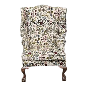 Late 19th Century Antique Chippendale Mahogany Easy Chair Ball & Claw Feet Crewel Fabric