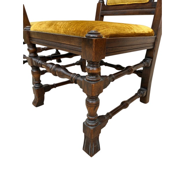 1980s Ethan Allen Jacobean Royal Charter Oak Dining Room Side Chairs Gothic Pair For Sale - Image 9 of 12