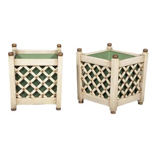 Pair of Lattice Motif Painted Wood Planters For Sale