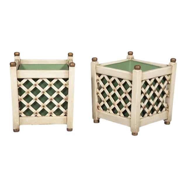 Pair of Lattice Motif Painted Wood Planters For Sale