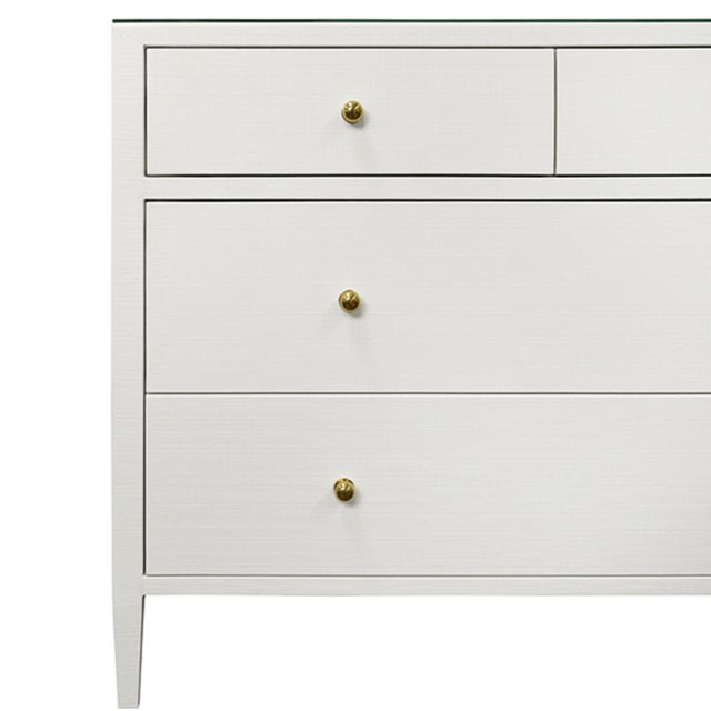 Contemporary Matthew Izzo Home Michelle Textured White Linen Four Drawer Chest With Glass Top and Brass Knobs For Sale - Image 3 of 5