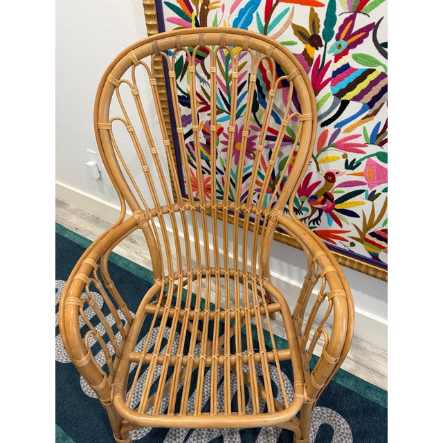 Contemporary Late 20th Century Pair of Rattan Fan Back Lounge Chairs For Sale - Image 3 of 5