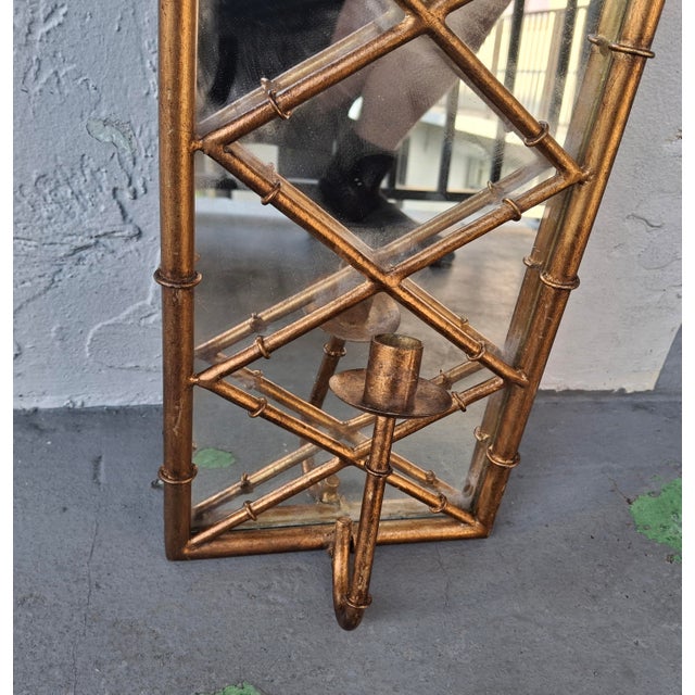1940's Hollywood Regency Heavy Gilt Iron Faux Bamboo Wall Mirror Candle Accent For Sale - Image 11 of 12