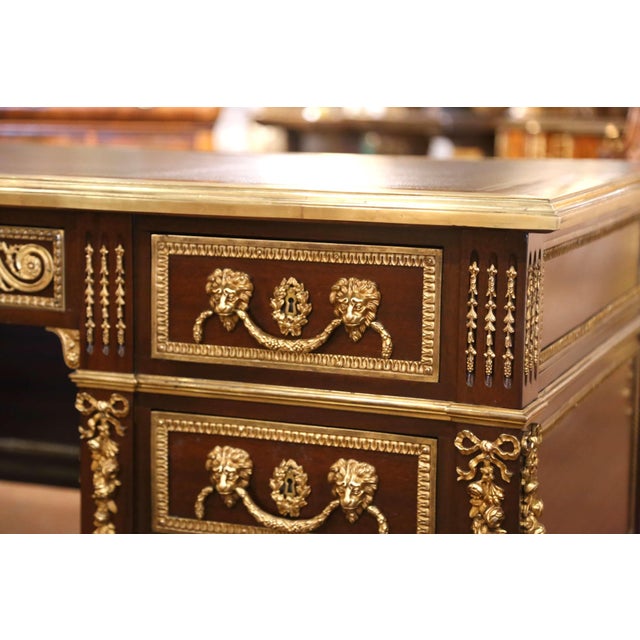 19th Century French Louis XVI Mahogany, Bronze & Leather-Top Partner Desk For Sale In Dallas - Image 6 of 15