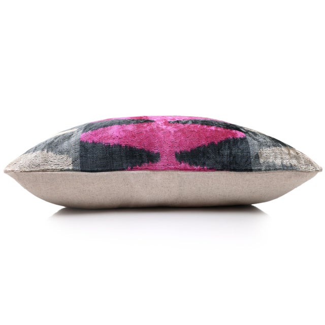 Luxury Pink, Charcoal and Natural Silk Velvet Ikat Lumbar Pillow 16x24 Inch With Down Insert For Sale - Image 4 of 8