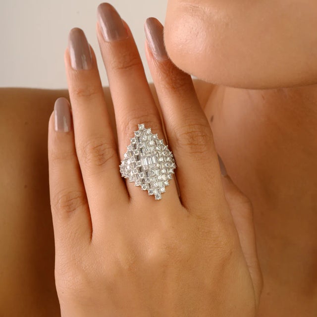 White Art Deco Marquise Cubic Zircon Cluster Ring in 925 Sterling Silver- Size 8 For Sale - Image 8 of 10