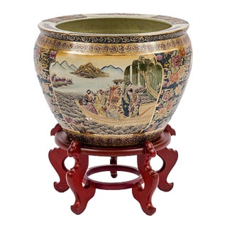 Vintage Satsuma-Style Porcelain Fishbowl Planter For Sale