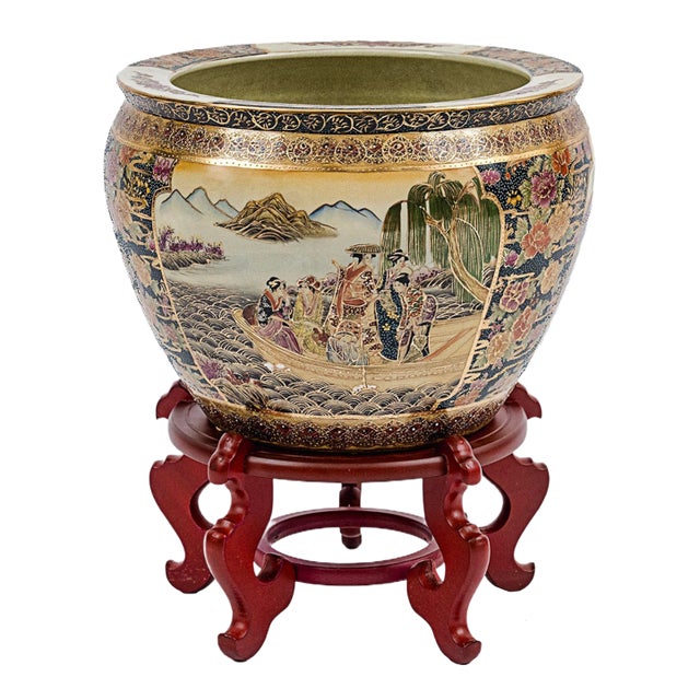 Vintage Satsuma-Style Porcelain Fishbowl Planter For Sale