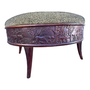 Sam Moore Safari Round Cocktail Ottoman With Carved Teakwood Frame and Cheetah Print Upholstery