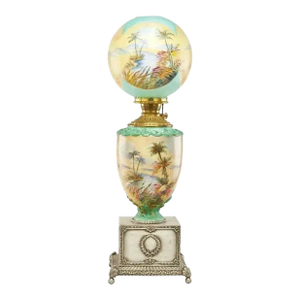 Pairpoint Stained Glass Table Lamp, Seascape Vienna Shade, Planter Base, 1910