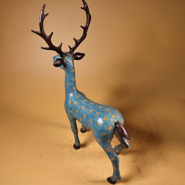 Asian Cloisonné Enamel Deer Figurine, 4kg, Blue Ground With Floral Motifs For Sale - Image 3 of 9