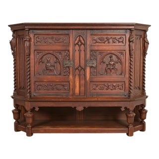 Antique French Gothic Revival Oak Bar Cabinet With Carved Figures, Circa 1890s For Sale