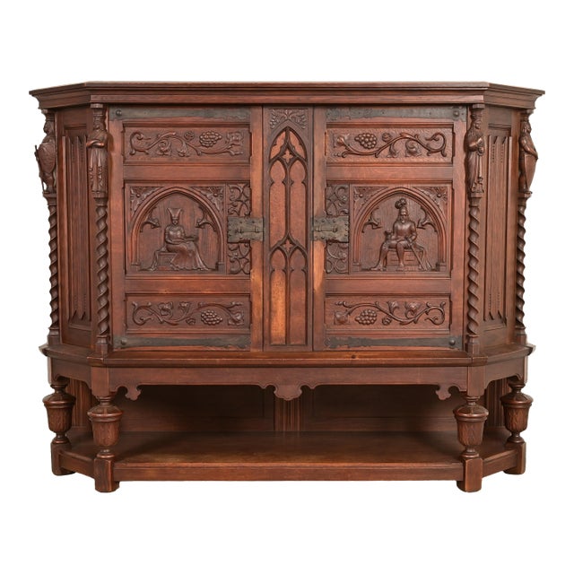 Antique French Gothic Revival Oak Bar Cabinet With Carved Figures, Circa 1890s For Sale