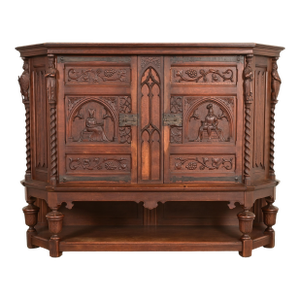 Antique French Gothic Revival Oak Bar Cabinet With Carved Figures, Circa 1890s