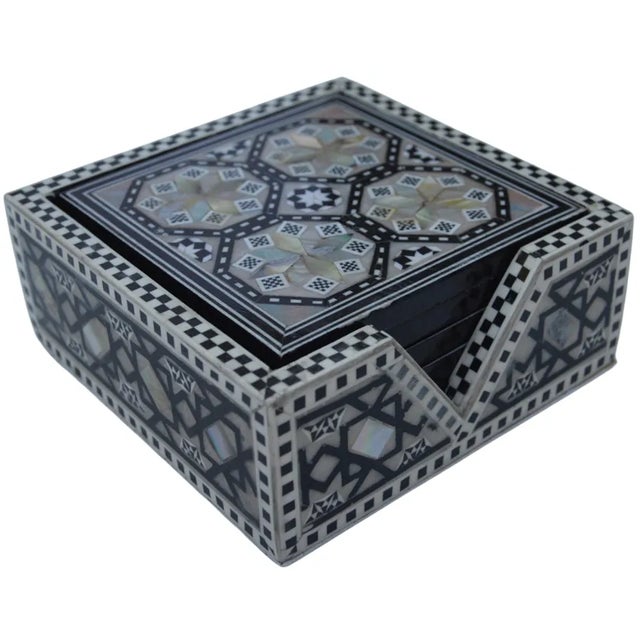 Abstract Mother-Of-Pearl Inlaid Coaster Set With Box - 7 Pieces For Sale - Image 3 of 11
