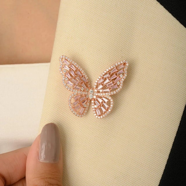 Pink Sparkling Butterfly Brooch in 925 Sterling Silver With Rose Gold Finish For Sale - Image 8 of 15