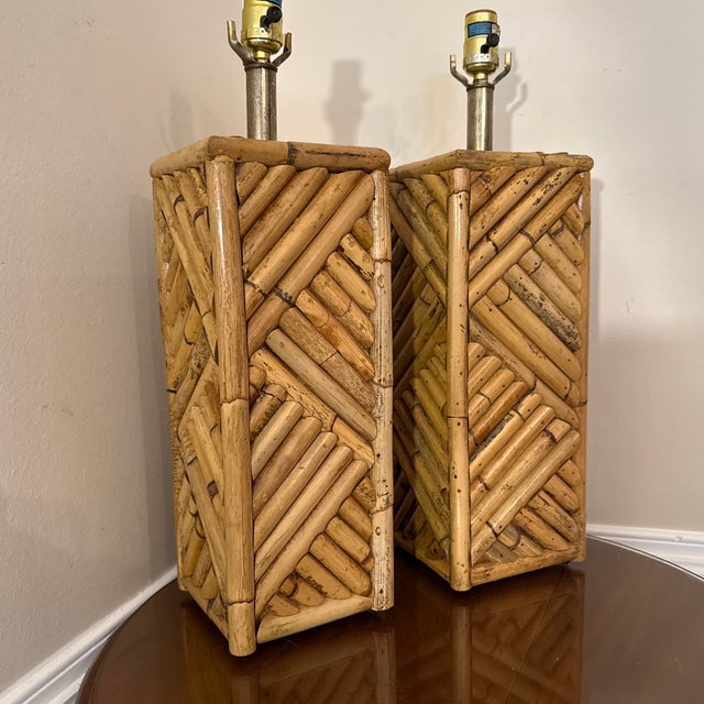 Gabriella Crespi Midcentury Boho Style Bamboo Table Lamp ~ a Pair For Sale - Image 4 of 8