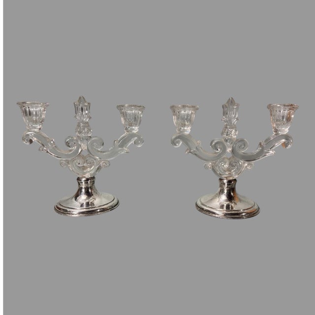 Pair of Mid 20th Century Hawkes Sterling Silver & Ornate Glass 2-Light Candelabras For Sale - Image 10 of 10