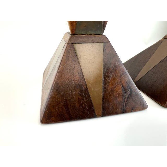 1960s Mid-Century Faceted Wood & Inlaid Metal Candlesticks, Geometric Modernist Form, a Pair For Sale - Image 4 of 9