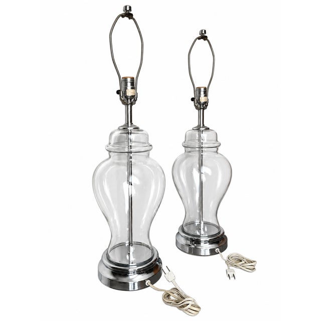 Contemporary Late 20th Century Clear Glass Baluster Table Lamps With Chrome-Tone Bases - Pair For Sale - Image 3 of 14