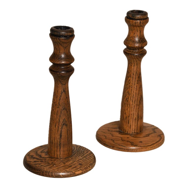 Pair of Vintage English Turned Oak Candlesticks For Sale
