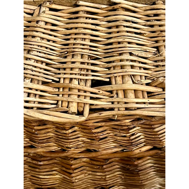 Antique French Provincial Handwoven Wicker Gathering or Laundry Basket 29” Wide For Sale - Image 13 of 16