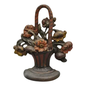 Antique Victorian Red Cast Iron Figural Painted Floral Bouquet Basket Door Stop
