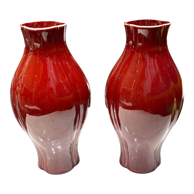 Pair of Maitland-Smith Oxblood Red Glazed Decorative Vases For Sale