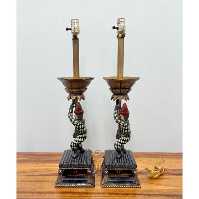 Vintage Polychrome Jester Table Lamps - Pair For Sale - Image 4 of 7