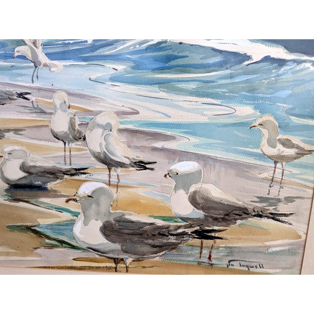 Nautical Vintage Signed 1980's "Shoreline Seagulls" Watercolor Painting For Sale - Image 3 of 6