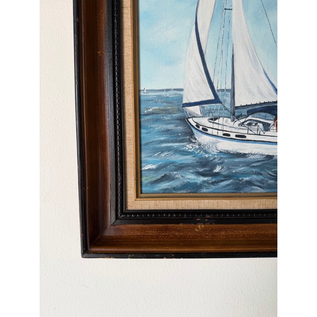 1970s 1970s Vintage R. Fisher Sailboat Oil on Canvas Painting – Framed For Sale - Image 5 of 12