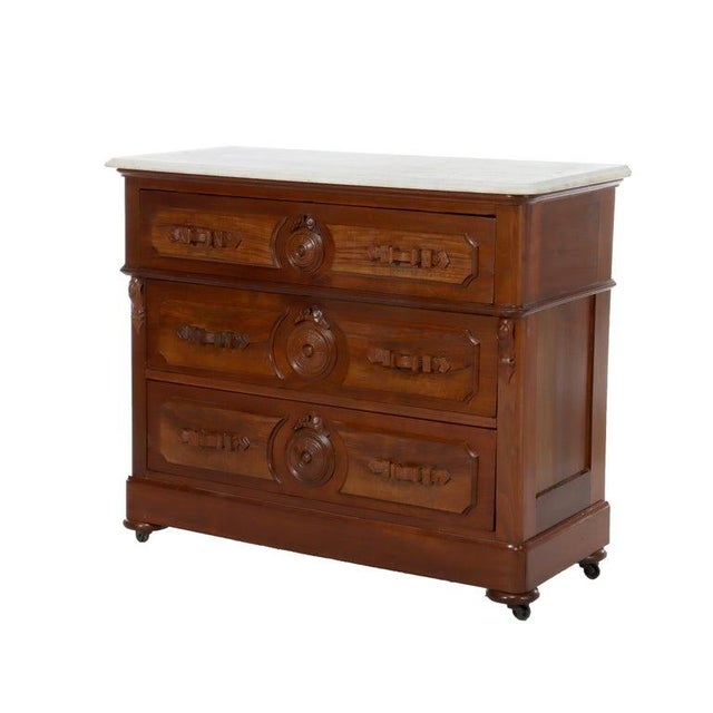 Victorian Antique Walnut 3-Drawer Marble Top Chest With Carved Medallions & Pulls C1890 For Sale - Image 3 of 18