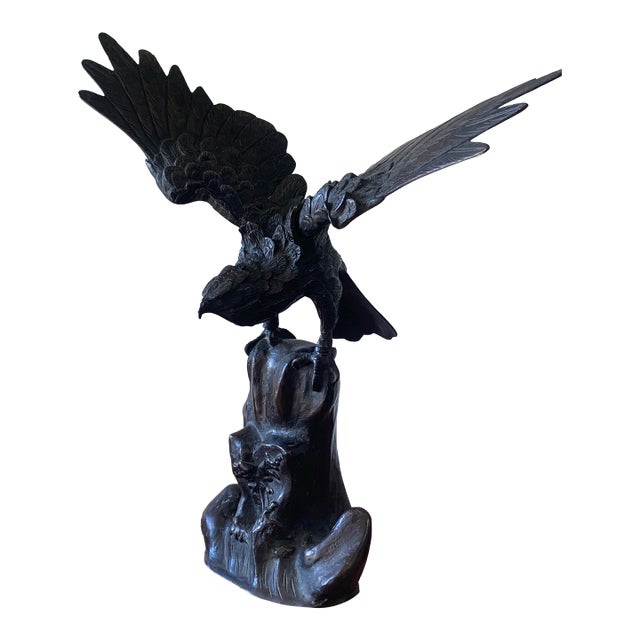 Antique Japanese Cast Iron Hinged Wing Eagle Sculpture For Sale
